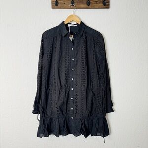 NWT Thakoon Black Eyelet Lace Ruffled Hem Button Down Cotton Silk Mini Dress
